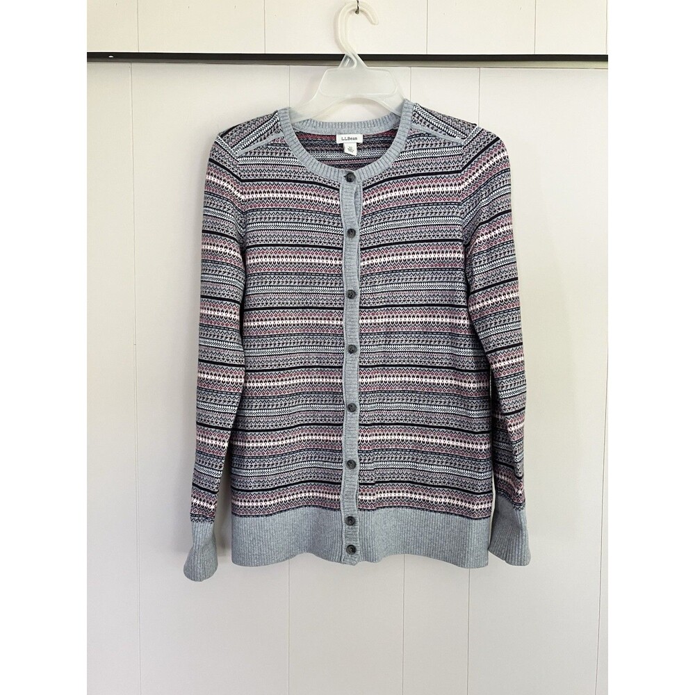 L.L. Bean Women’s XS Fair Isle Cardigan Sweater Cotton Cashmere Blend Gray Red